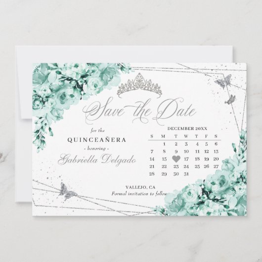 Mint Groen & Zilver Quinceañera Save The Date Kaart (Voorkant)