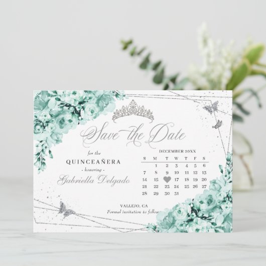Mint Groen & Zilver Quinceañera Save The Date Kaart (Staand voorkant)