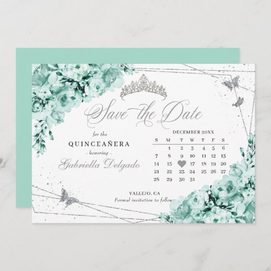 Mint Groen & Zilver Quinceañera Save The Date Kaart (Voorkant / Achterkant)