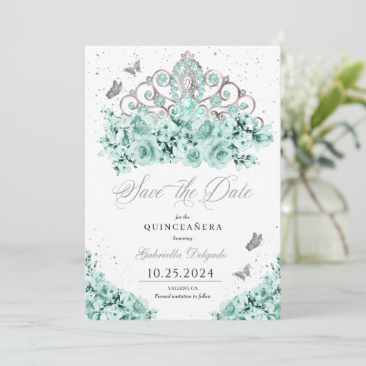 Mint Groen Zilver Tiara Bewaar de datum Quinceañer Kaart (Staand voorkant)