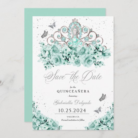 Mint Groen Zilver Tiara Bewaar de datum Quinceañer Kaart (Voorkant / Achterkant)