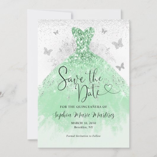 Mint Groen Zilveren Jurk Mis Quince Quinceañera Save The Date (Voorkant)