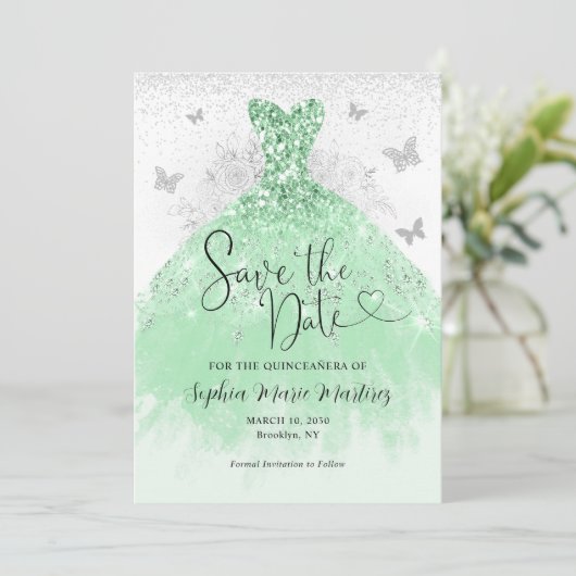 Mint Groen Zilveren Jurk Mis Quince Quinceañera Save The Date (Staand voorkant)