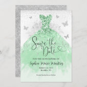 Mint Groen Zilveren Jurk Mis Quince Quinceañera Save The Date (Voorkant / Achterkant)