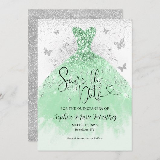Mint Groen Zilveren Jurk Mis Quince Quinceañera Save The Date (Voorkant / Achterkant)