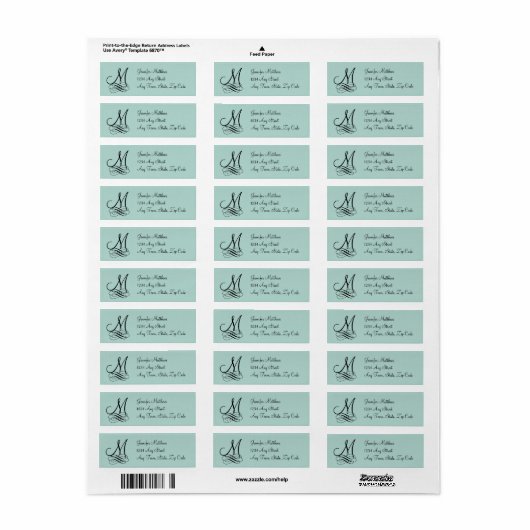 Mint groen, zwart wervelt monogram bruiloft etiket (Full Sheet)