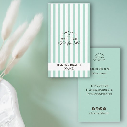  Mint Groene Bakkerij Logo Elegant Gestreept Visitekaartje