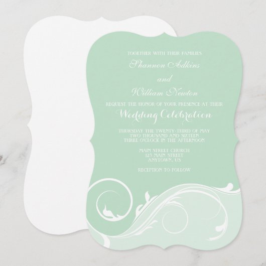 Mint Groene Bloemen Wervelbeugel Huwelijksuitnodig Kaart (Voorkant / Achterkant)