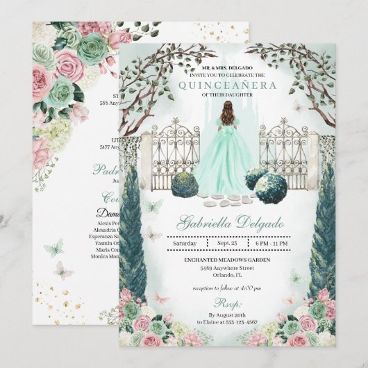 Mint Groene Blush Betoverde Tuin Quinceanera Kaart (Voorkant / Achterkant)