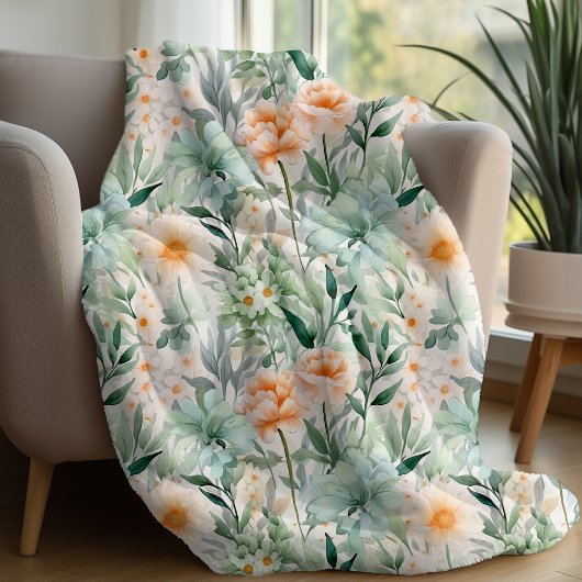 Mint Groene Blush Perzik Lente Waterverf Bloemen Fleece Deken