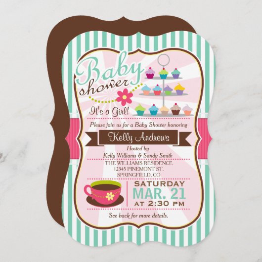 Mint Groene, Bruine & Roze Thee, Cupcake Baby show Kaart (Voorkant / Achterkant)