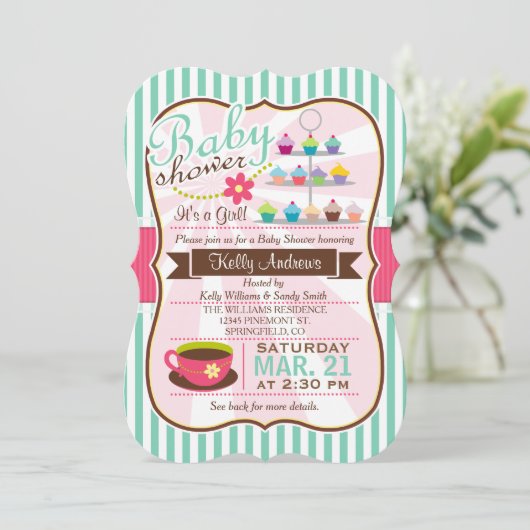 Mint Groene, Bruine & Roze Thee, Cupcake Baby show Kaart (Staand voorkant)