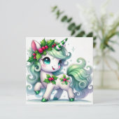 Mint Groene Eenhoorn met Holly Crown Feestdagenkaart (Staand voorkant)