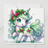 Mint Groene Eenhoorn met Holly Crown Feestdagenkaart (Voorkant)