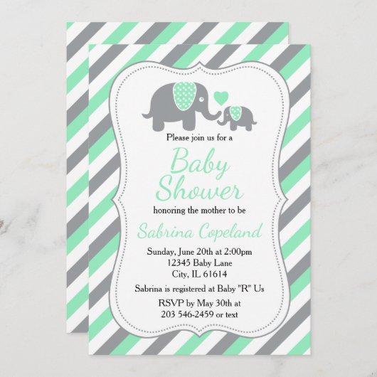Mint Groene en Grijze Olifant 🐘 | BABY SHOWER Kaart (Voorkant / Achterkant)