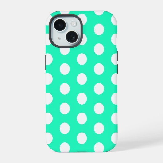 Mint Groene en Witte Polka Dots iPhone 15 Case (Achterkant)