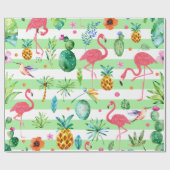 Mint-groene en witte tropische bloemen en flamingo cadeaupapier (Vlak)