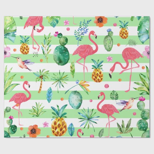 Mint-groene en witte tropische bloemen en flamingo cadeaupapier (Vlak)
