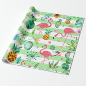 Mint-groene en witte tropische bloemen en flamingo cadeaupapier (Uitgerold)