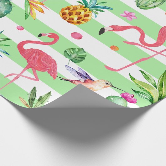 Mint-groene en witte tropische bloemen en flamingo cadeaupapier (Hoek)