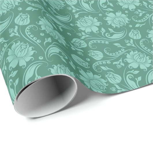 Mint-groene Floral Damascus over groene achtergron Cadeaupapier (Rol Hoek)