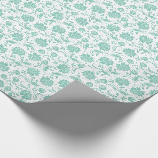 Mint-groene Floral Damasjes over witte achtergrond Cadeaupapier (Hoek)