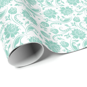 Mint-groene Floral Damasjes over witte achtergrond Cadeaupapier