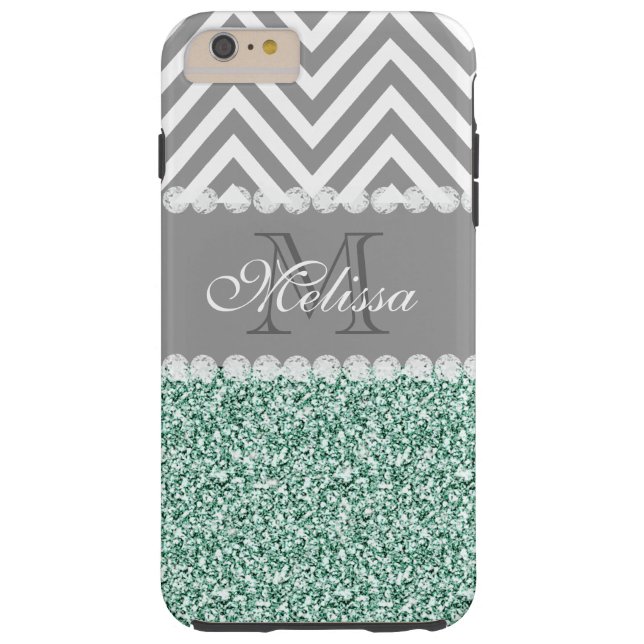 MINT GROENE GLITTER, GRAY CHEVRON, MONOGRAMMED Case-Mate iPhone CASE (Achterkant)