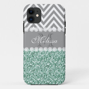 MINT GROENE GLITTER, GRAY CHEVRON, MONOGRAMMED iPhone 11 HOESJE