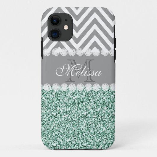 MINT GROENE GLITTER, GRAY CHEVRON, MONOGRAMMED Case-Mate iPhone CASE (Achterkant)