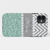 MINT GROENE GLITTER, GRAY CHEVRON, MONOGRAMMED Case-Mate iPhone CASE (Achterkant (horizontaal))