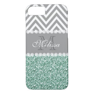 MINT GROENE GLITTER, GRAY CHEVRON, MONOGRAMMED Case-Mate iPhone CASE