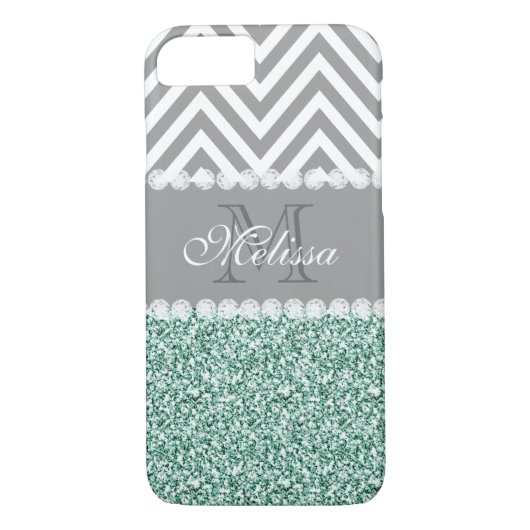 MINT GROENE GLITTER, GRAY CHEVRON, MONOGRAMMED Case-Mate iPhone CASE (Achterkant)