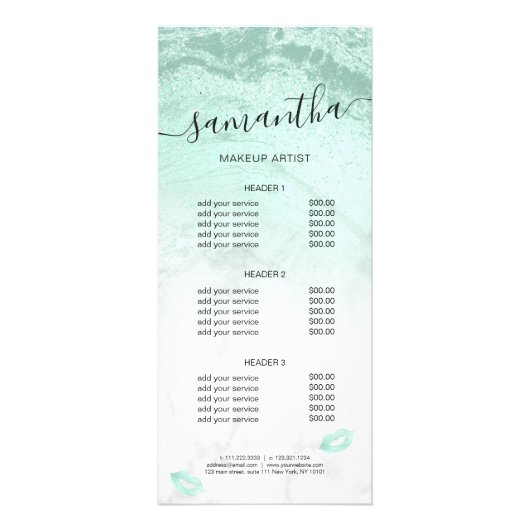 Mint groene glitter lippen marmer make-up artiest reclamekaart (Voorkant)