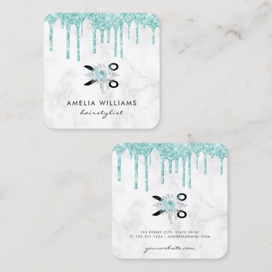 Mint-groene glitterschaar vierkante visitekaartje (Voorkant / Achterkant)