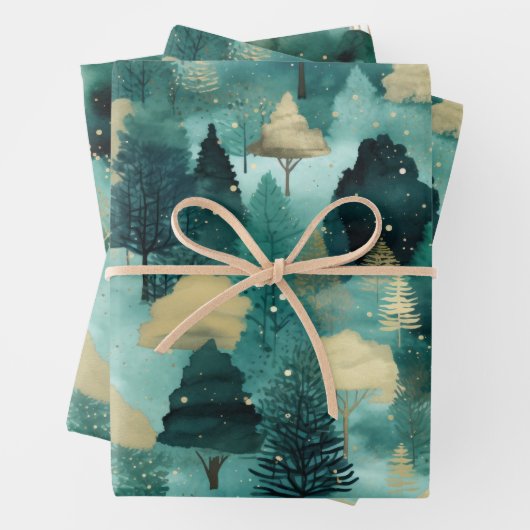 Mint Groene Gouden Bomen Kerst Inpakpapier Vel (In situ)