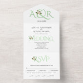 Mint-groene initialen en ampersand, roos bruiloft all in one uitnodiging (Binnen)