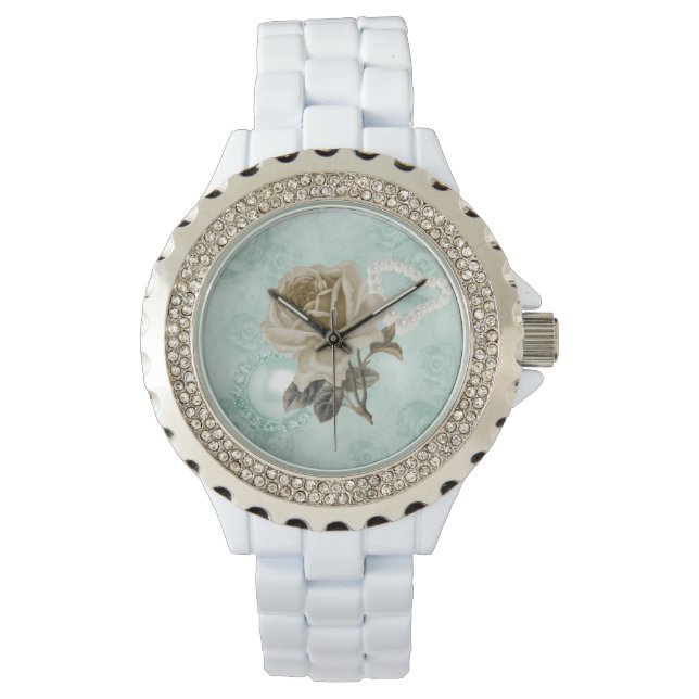 Mint Groene Ivoor Rozen Witte Strass Horloge (Voorkant)