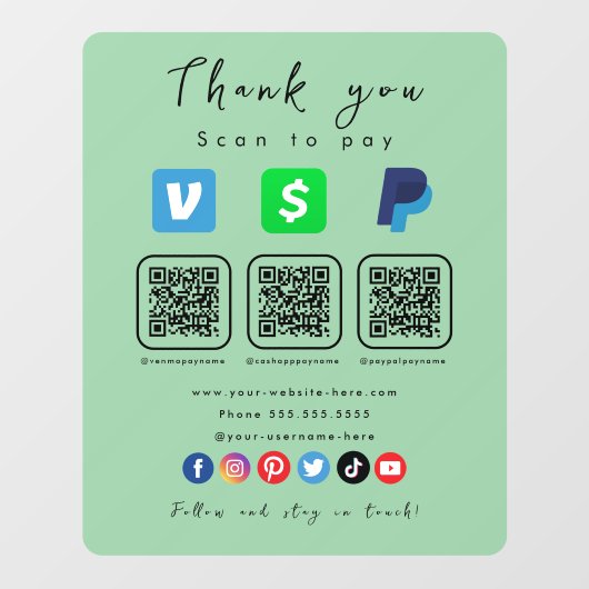 Mint Groene Multi QR Code Paypal Venmo Cash App Raamsticker (Vel)