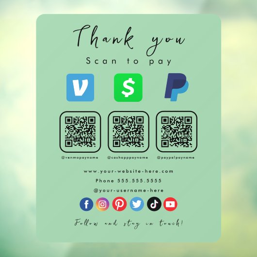 Mint Groene Multi QR Code Paypal Venmo Cash App Raamsticker (Vel 3)