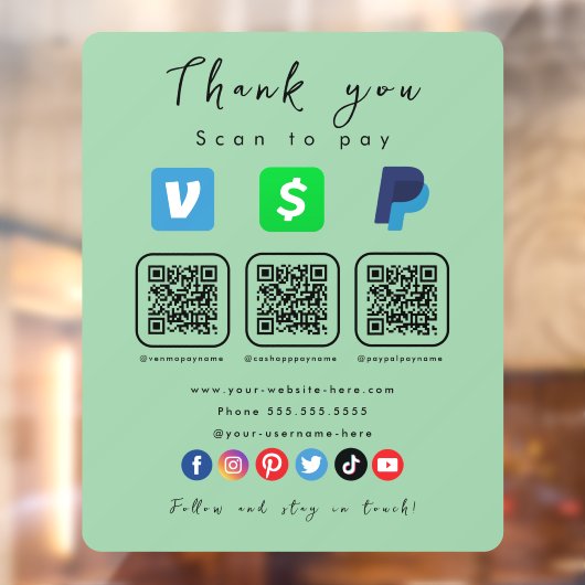 Mint Groene Multi QR Code Paypal Venmo Cash App Raamsticker (Vel 2)