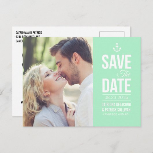 MINT GROENE NAUTISCHE FOTO BEWAART U HET DATUM BRI AANKONDIGINGSKAART (Voorkant / Achterkant)