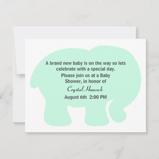 Mint Groene Olifant Baby shower Uitnodiging (Voorkant)