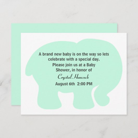 Mint Groene Olifant Baby shower Uitnodiging (Voorkant / Achterkant)