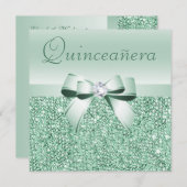 Mint Groene pailletten, Bow & Diamond Quinceanera Kaart (Voorkant / Achterkant)