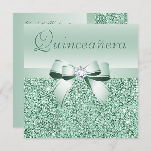 Mint Groene pailletten, Bow & Diamond Quinceanera Kaart (Voorkant / Achterkant)