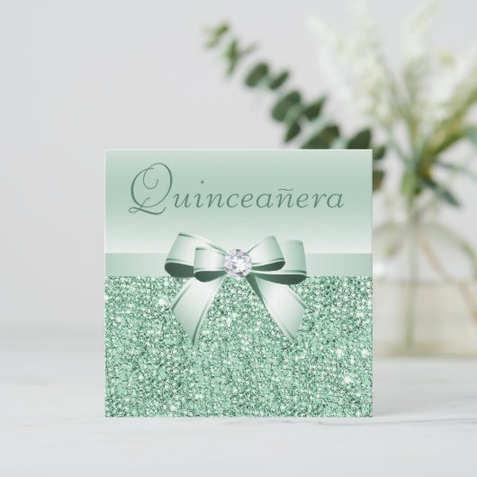 Mint Groene pailletten, Bow & Diamond Quinceanera Kaart (Staand voorkant)