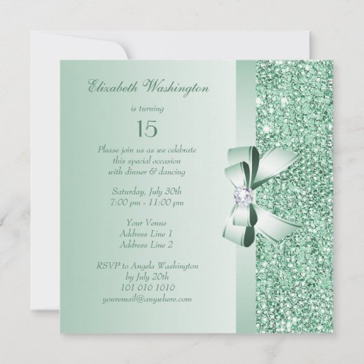 Mint Groene pailletten, Bow & Diamond Quinceanera Kaart (Achterkant)