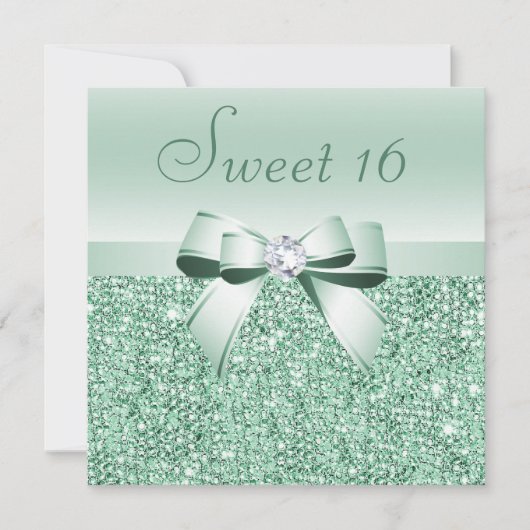 Mint Groene pailletten, Bow & Diamond Sweet 16 Kaart (Voorkant)