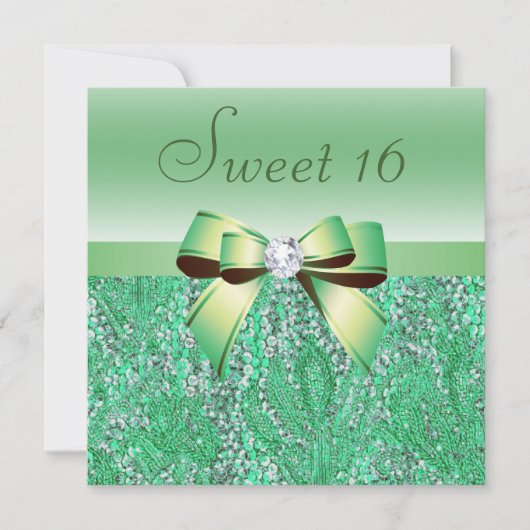 Mint Groene pailletten, Bow & Diamond Sweet 16 Kaart (Voorkant)